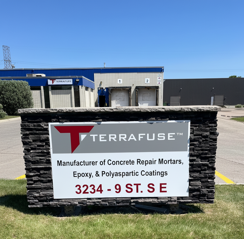 A stone sign in front of an industrial building reads TERRAFUSE with the text 'Manufacturer of Concrete Repair Mortars, Epoxy, & Polyaspartic Coatings' and the address '3234 - 9 ST. S.