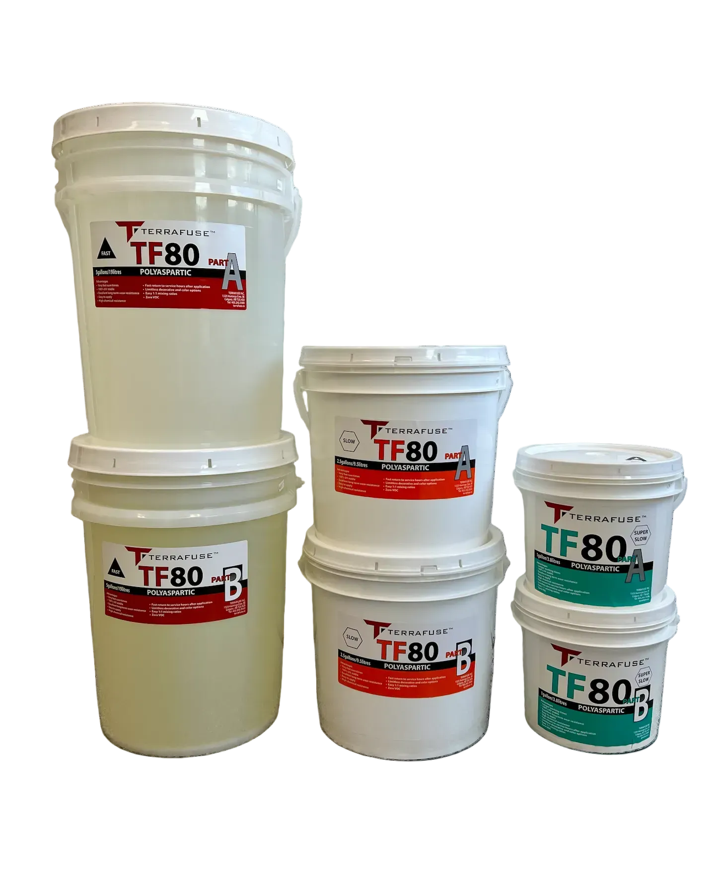 Six white plastic buckets of TerraFusae TF80 herbicide and fungicide mixtures arranged on a plain white background, including two stacked buckets on the left and four single buckets on the right.